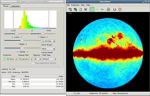 A screen shot of the new SkyViewer application. The displayed 3D map plots data from the Wilkinson Microwave Anisotropy Probe (WMAP).