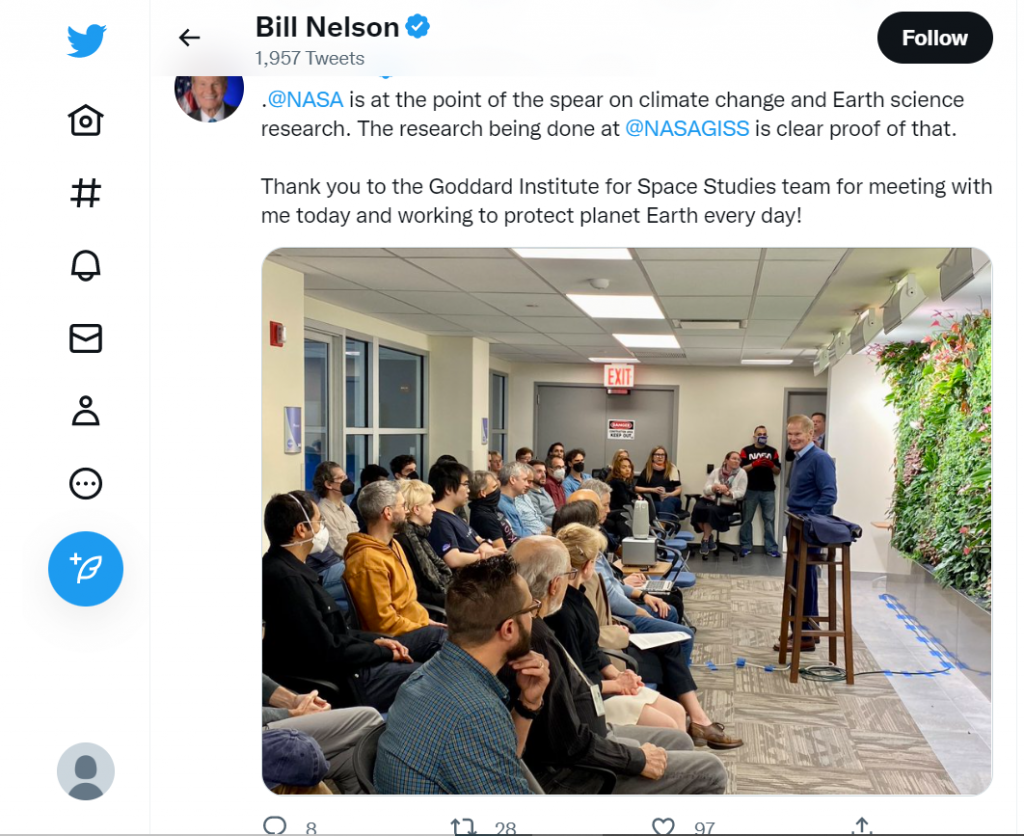 Tweet featuring Bill Nelson's visit to GISS