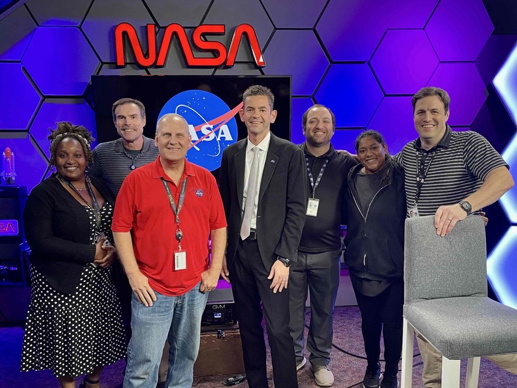 SESDA staff Paul Straub (2nd from right) supported a video shoot with NASA Administrator Jared Isaacman on Sep 1, 2026 to celebrate the successful launch of the Roman Space Telescope.